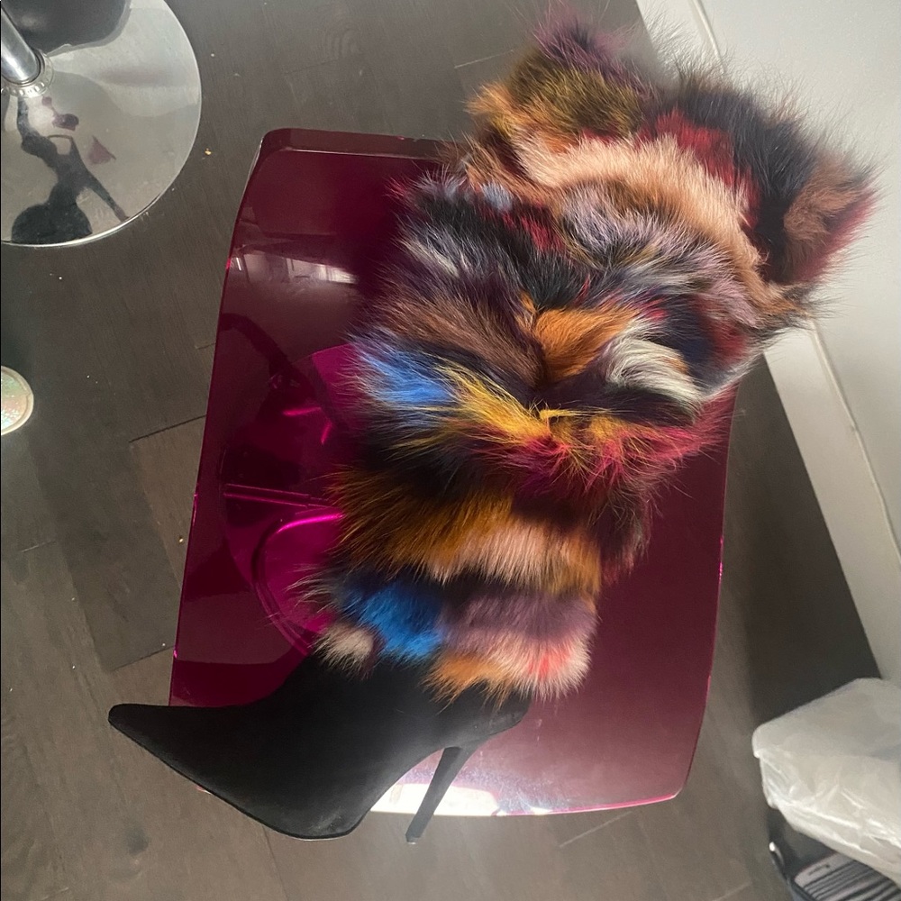 Black suede multi color fur boots